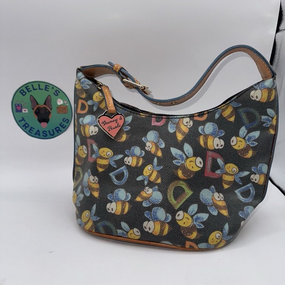 Dooney & Bourke Bumble‎ Bees Coated Leather Crescent Hobo Purse Bag Heart Charm
